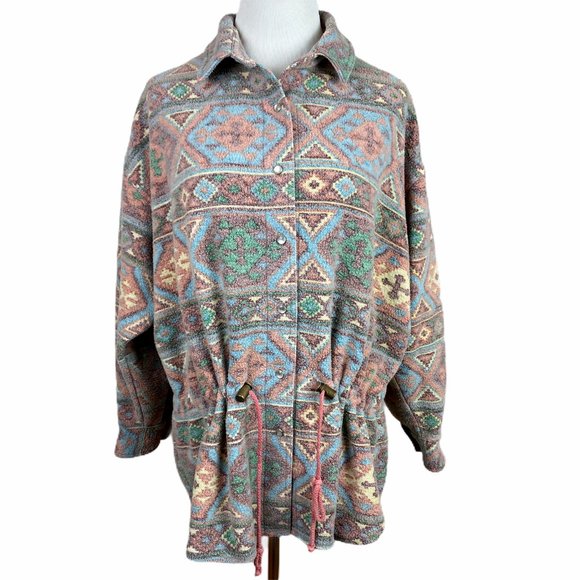 Forenza Fleece Shirt Jacket L Southwestern Printed Button Up Drawstring‎ Vintage - Picture 1 of 12